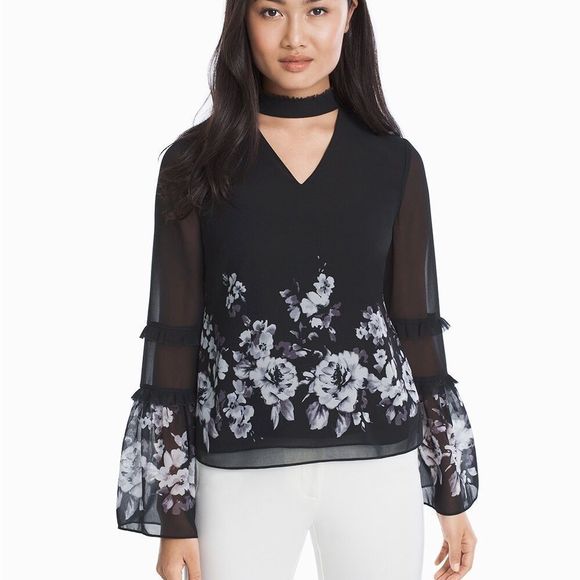 WHBM Black White Floral Choker Flowy Blouse Size 8 - Picture 1 of 10
